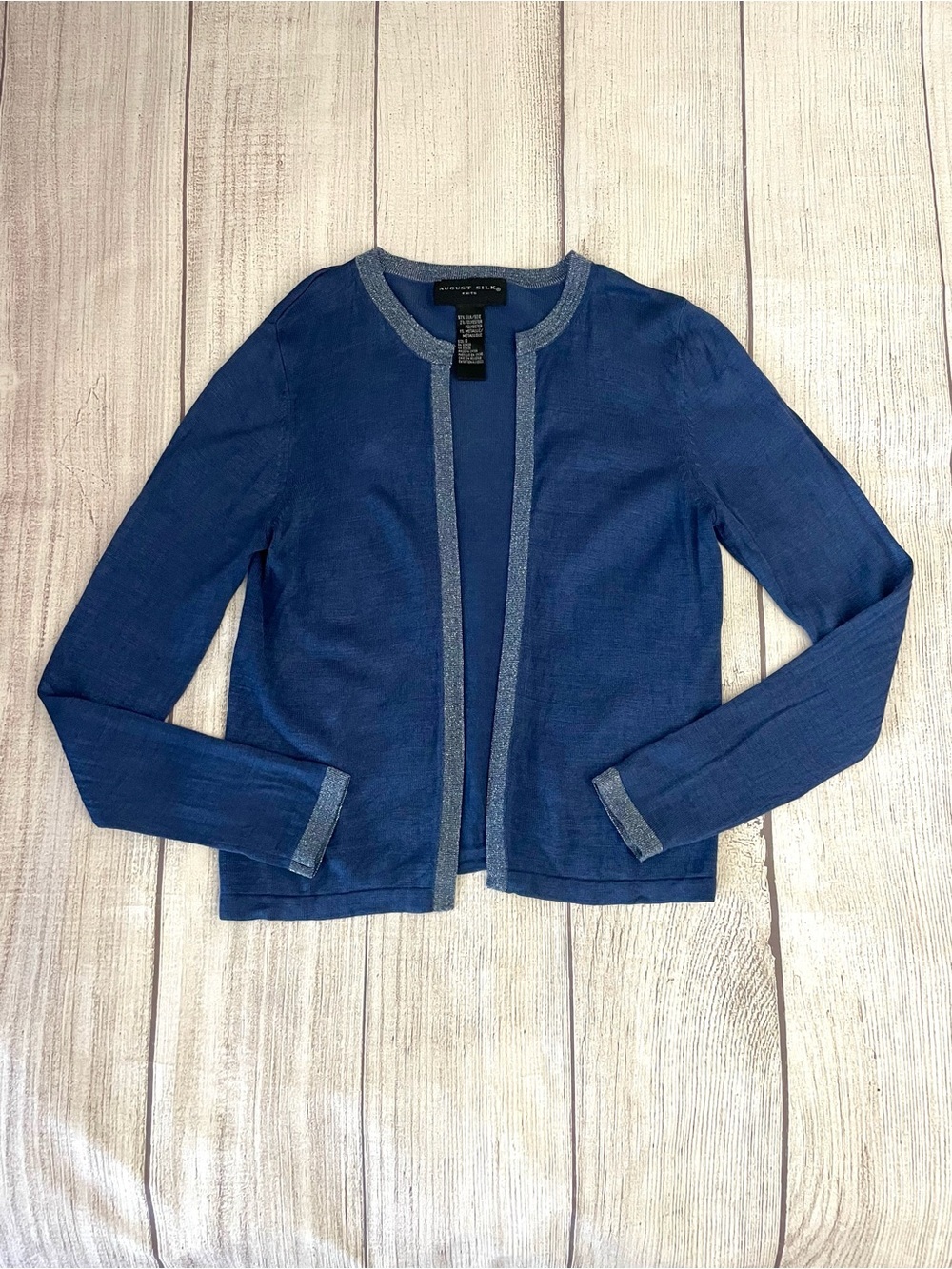 AUGUST SILK Women’s Vintage Open-Front Silk Cardigan Blue w/Trim Size Small